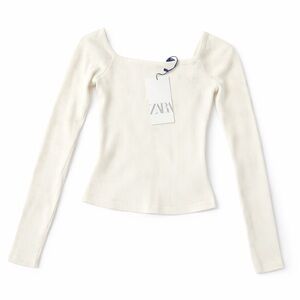 Zara Cream Ribbed Long-Sleeve Square Neck Top